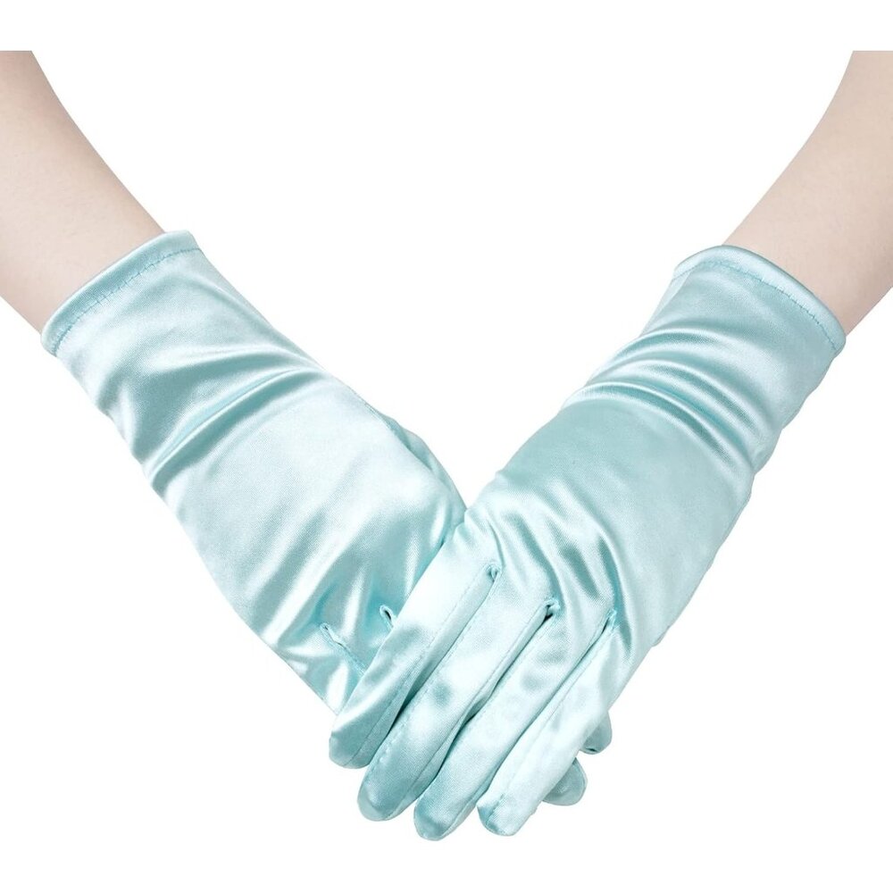 Women's A-Light Blue Formal Velvet Short Satin Gloves Wedding Banquet Party Prom